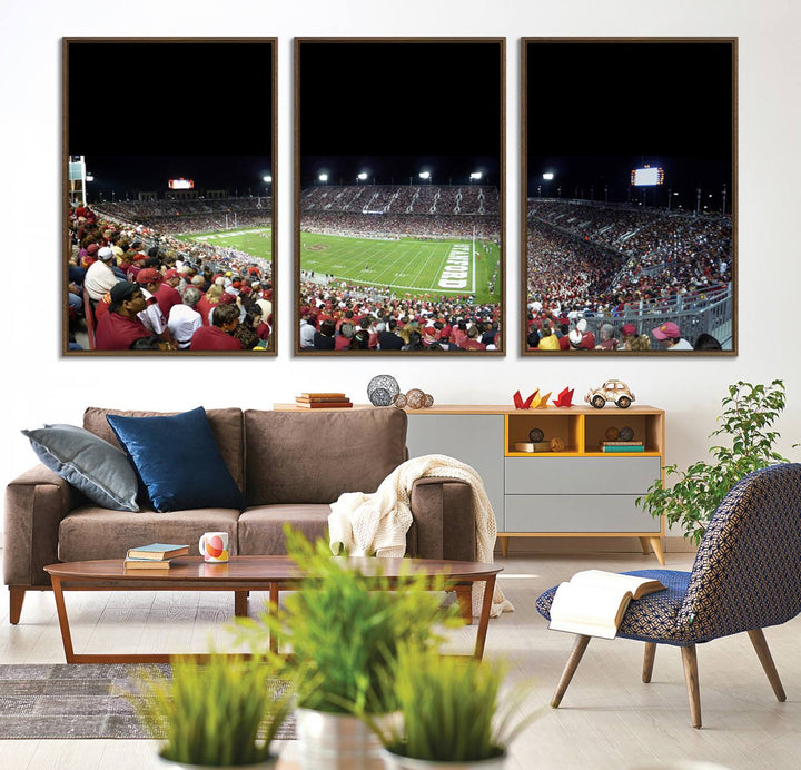 This Stanford University Cardinal Football Team canvas print, depicting fans in red filling Stanford Stadium at night, is perfect.