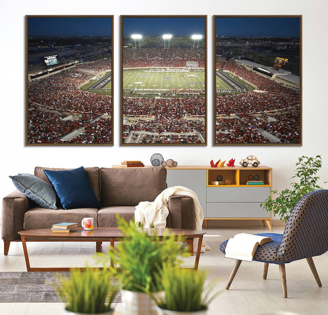 Canvas wall art featuring an aerial view of the Texas Tech Red Raiders packed night game at Lubbock’s Jones AT&T Stadium.