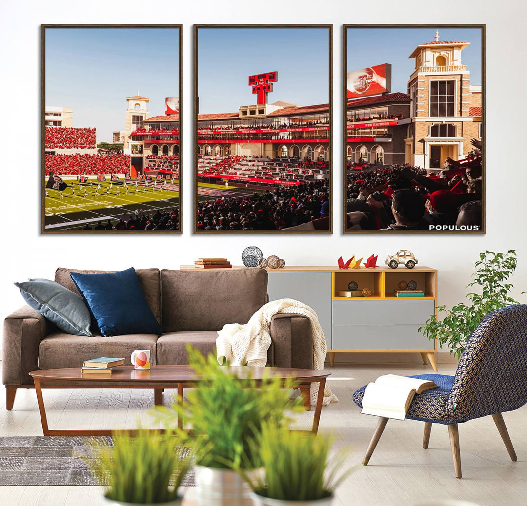 The three-panel Jones AT&T Stadium wall art is ideal for enhancing the living room decor of college football fans.