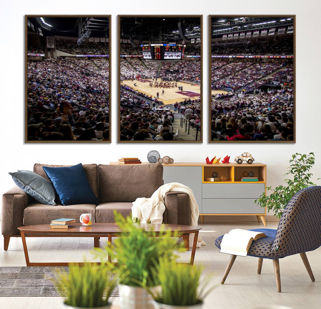 The Nebraska Basketball Arena Wall Art Canvas features an arena filled with Cornhuskers fans and players beneath a scoreboard.