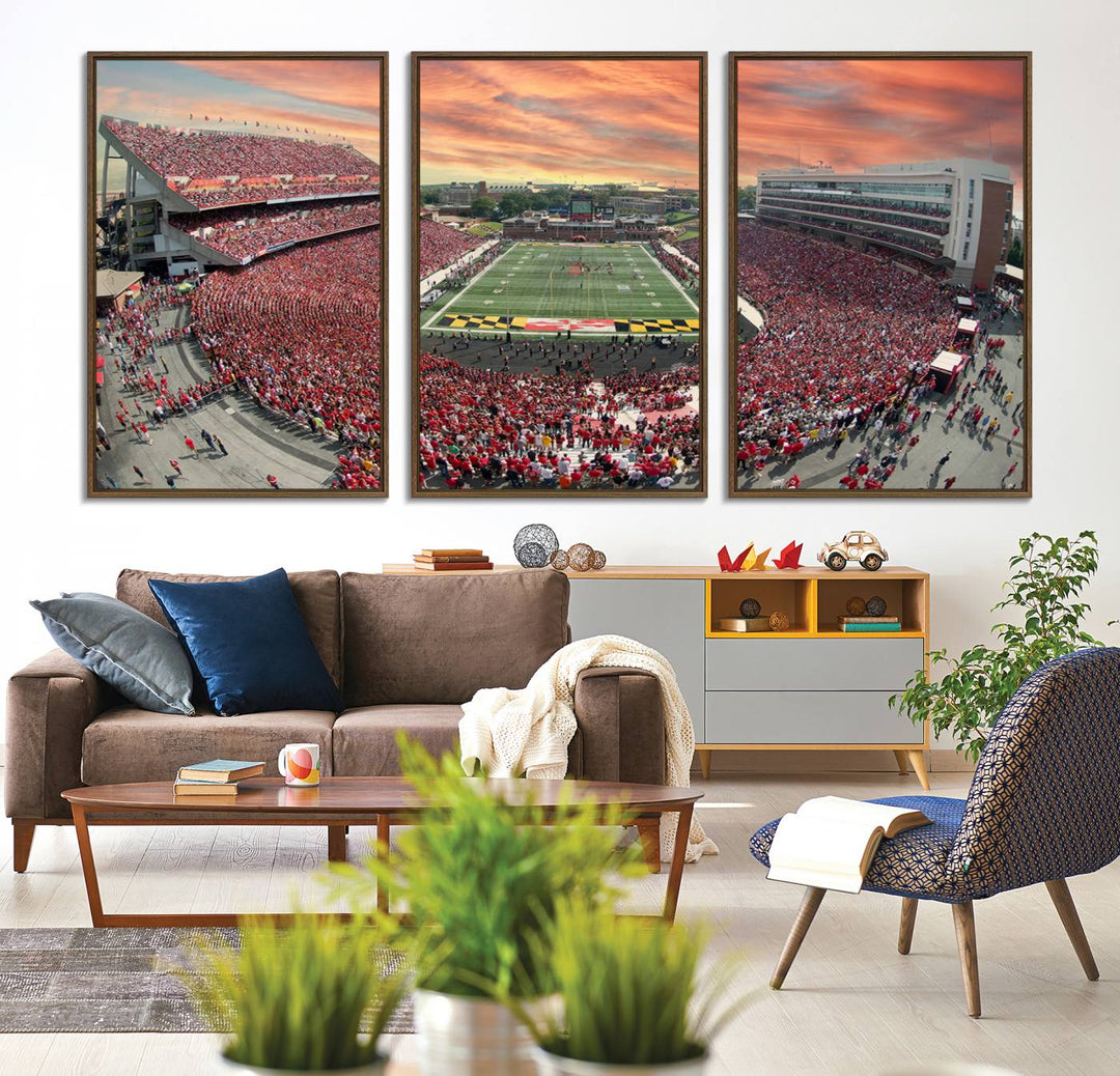 A packed SECU Stadium at sunset, ideal for your University of Maryland Terrapins Football Team wall art canvas print.