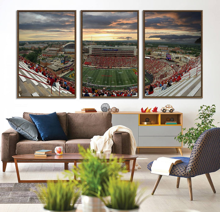 The University of Maryland Terrapins Football Team Print features SECU Stadium at sunset with vibrant skies.