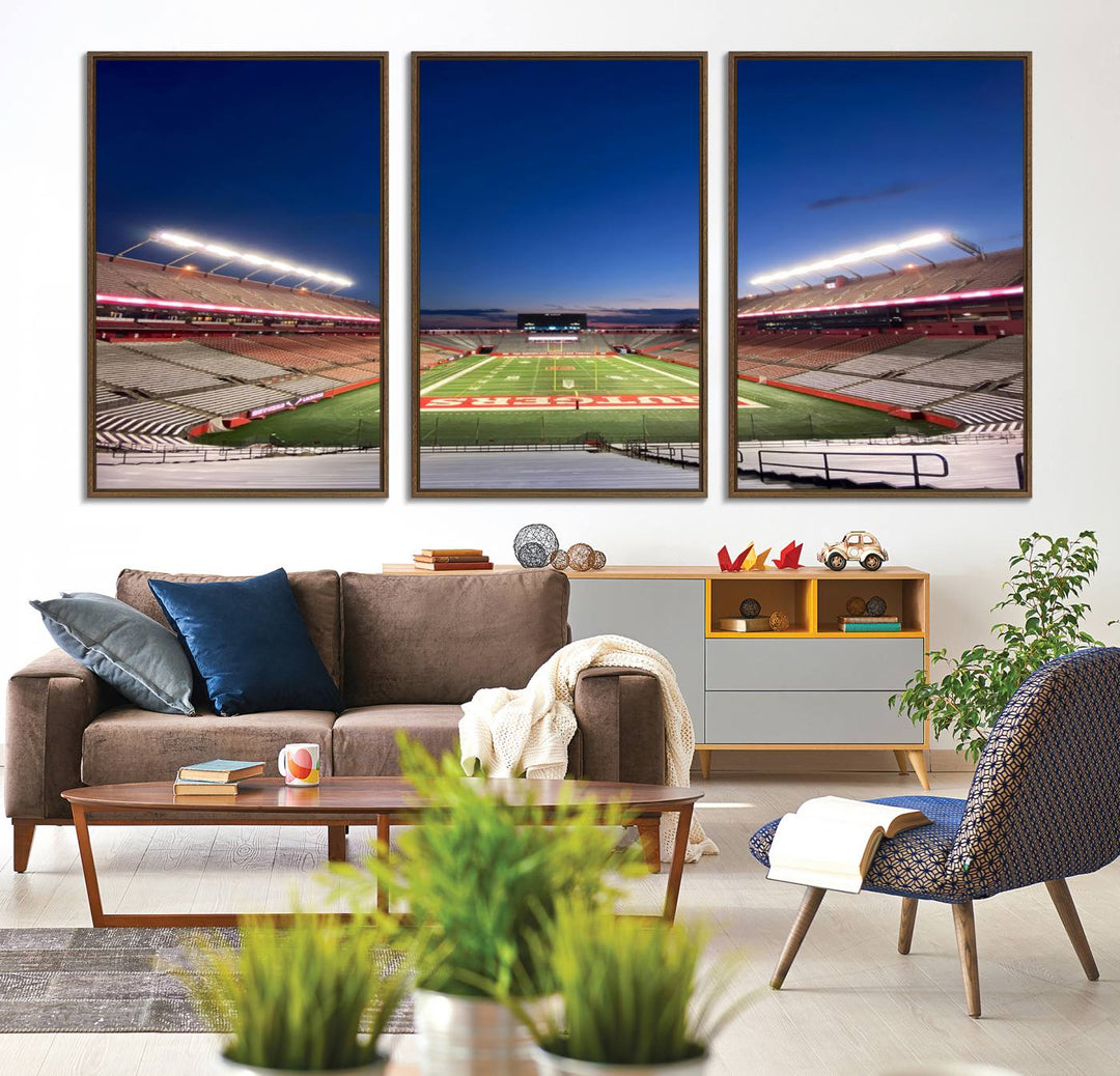 A large SHI Stadium at dusk, ideal for a Rutgers Scarlet Knights Football Team canvas print.