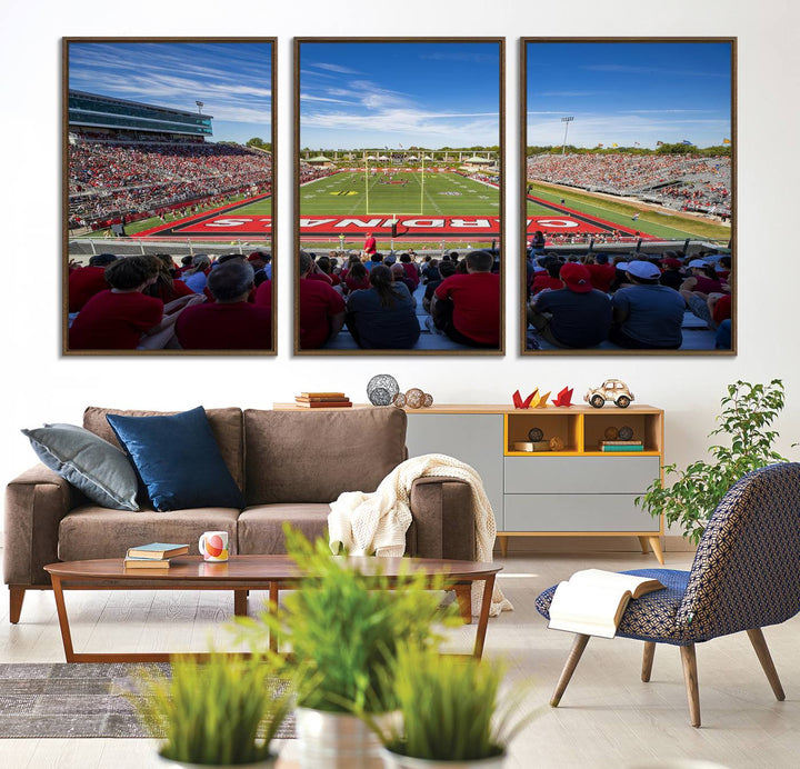 The Ball State Cardinals wall art on canvas depicts fans in red at Scheumann Stadium.