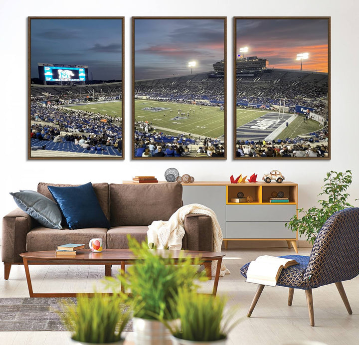 A Memphis Tigers football canvas print of Simmons Bank Liberty Stadium at sunset enhances the living room.