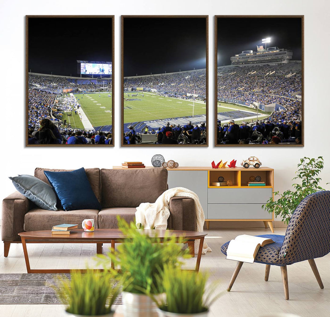 A vibrant depiction of Liberty Stadium at night, highlighting a Tigers football game on the large screen with stands filled with enthusiastic fans.