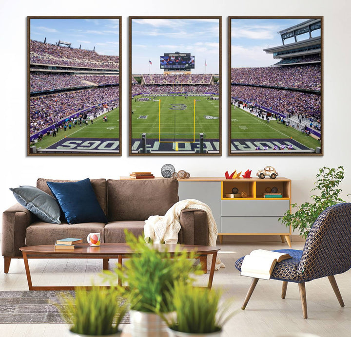 The TCU Horned Frogs print portrays a vibrant Amon G. Carter Stadium, filled with energy and game action.