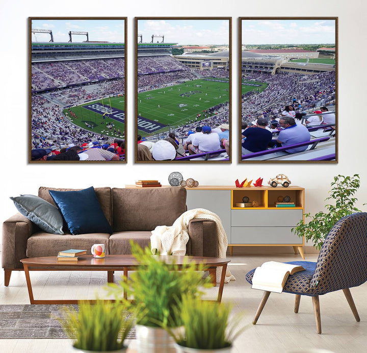 Amon G. Carter Stadium wall art canvas showcasing the TCU Horned Frogs and packed stands at Fort Worth.