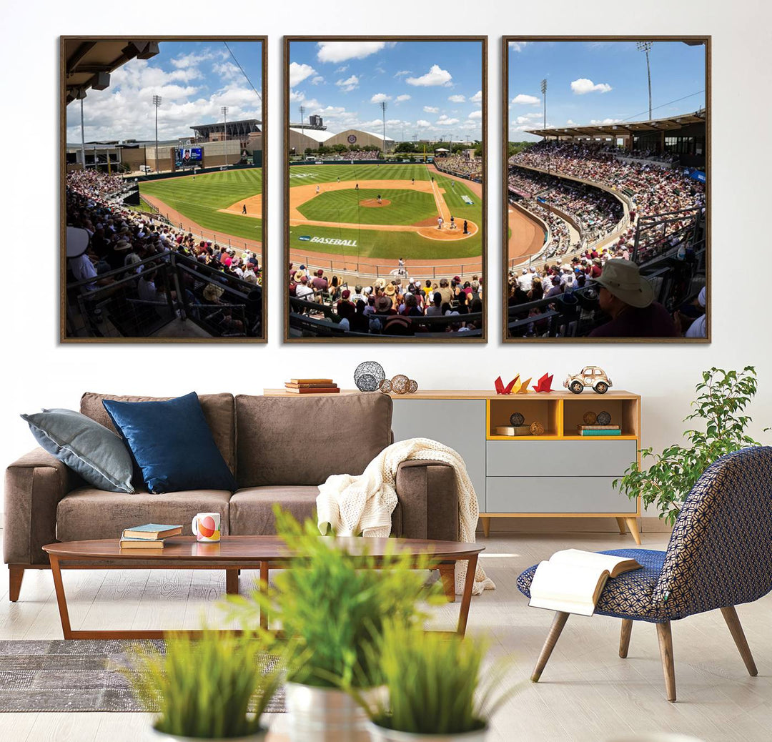 A baseball stadium under a blue sky, capturing the energy of The Texas A&M Aggies Athletics Kyle Field Wall Art.