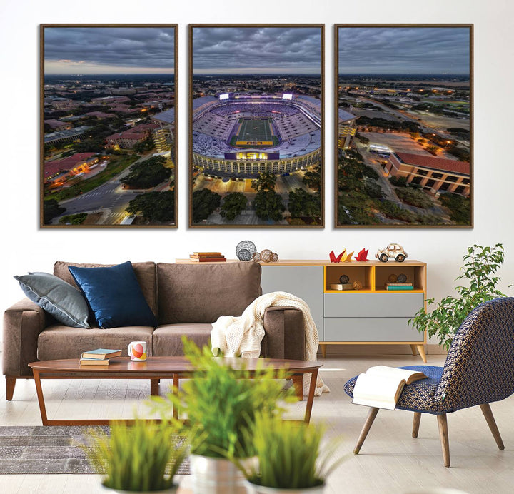 The LSU Tigers Football Team Baton Rouge Tiger Stadium Canvas is displayed prominently, capturing attention with its vivid depiction of the iconic stadium.