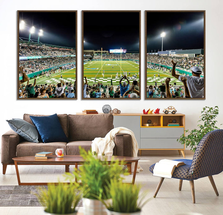 This vibrant wall art canvas print captures the excitement of fans cheering for the Tulane Green Wave Football Team under the lights of Yulman Stadium.