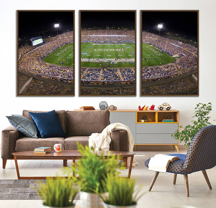 A large football stadium at night, featuring the UCONN Huskies, is depicted on the East Hartford Pratt & Whitney Stadium Wall Art Canvas Print.