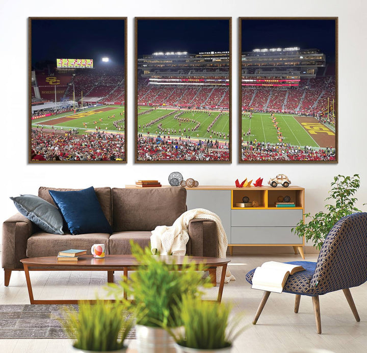 Canvas print depicting a packed stadium at night with a marching band forming USC, celebrating the Trojans at Los Angeles Memorial Coliseum.