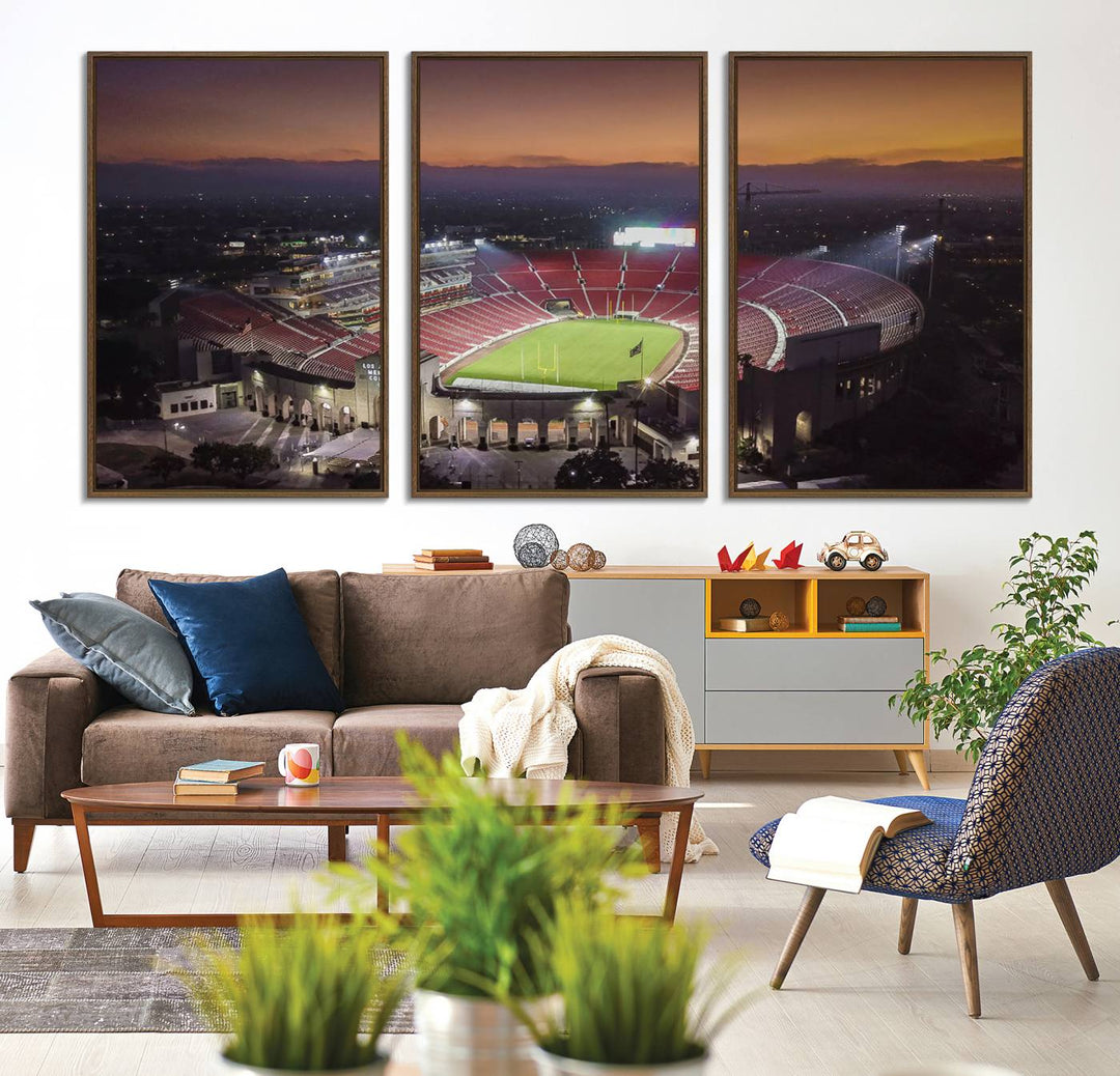 The USC Trojans Stadium canvas captures Memorial Coliseum at twilight, showcasing red seats and a green field beneath an orange sky.