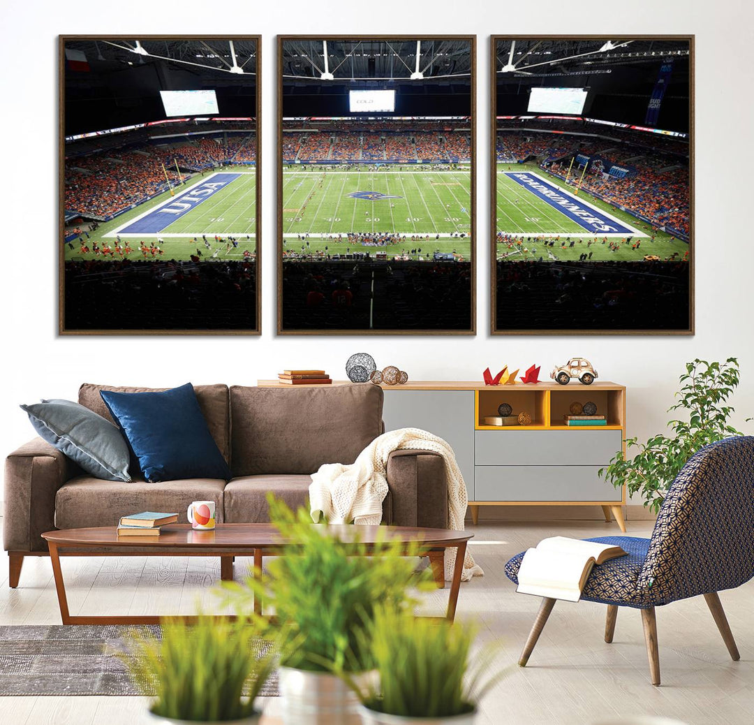 The UTSA Roadrunners game at Alamodome canvas print captures the scene from above, displaying fans and the UTSA lettering on the field.