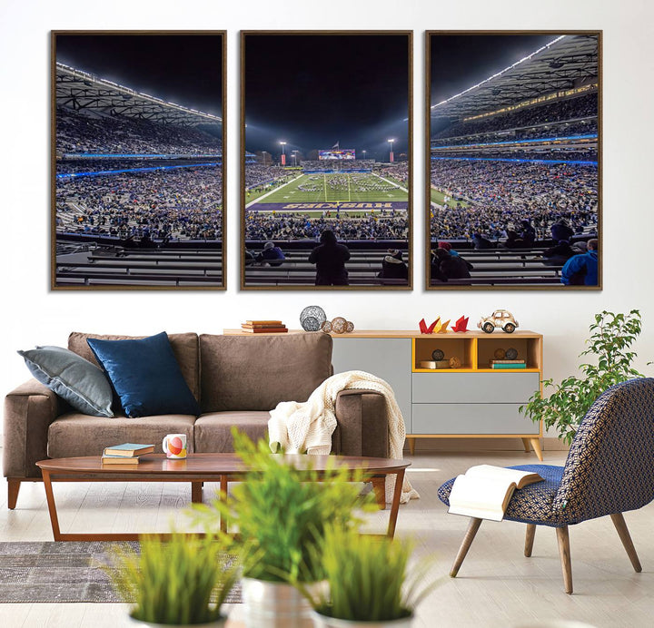 A canvas print titled The University of Washington Huskies Football depicts a packed Husky Stadium at night, as seen from the stands.