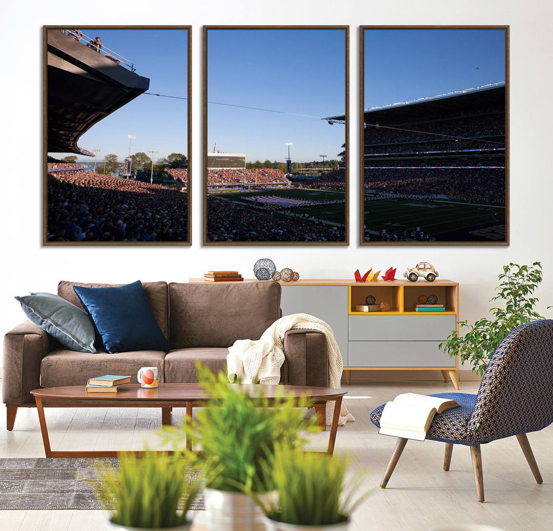 The University of Washington Huskies wall art print depicts Husky Stadium coming alive with fans as flags flutter.