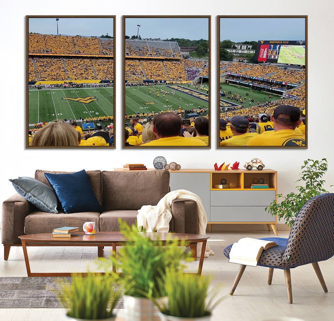 A Puskar Stadium canvas print decorates the modern living room shelf.