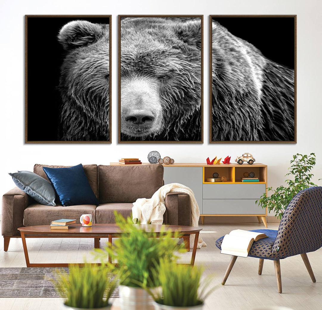 The 399 Grizzly Bear Canvas Print is displayed prominently on a wall in a modern living room.