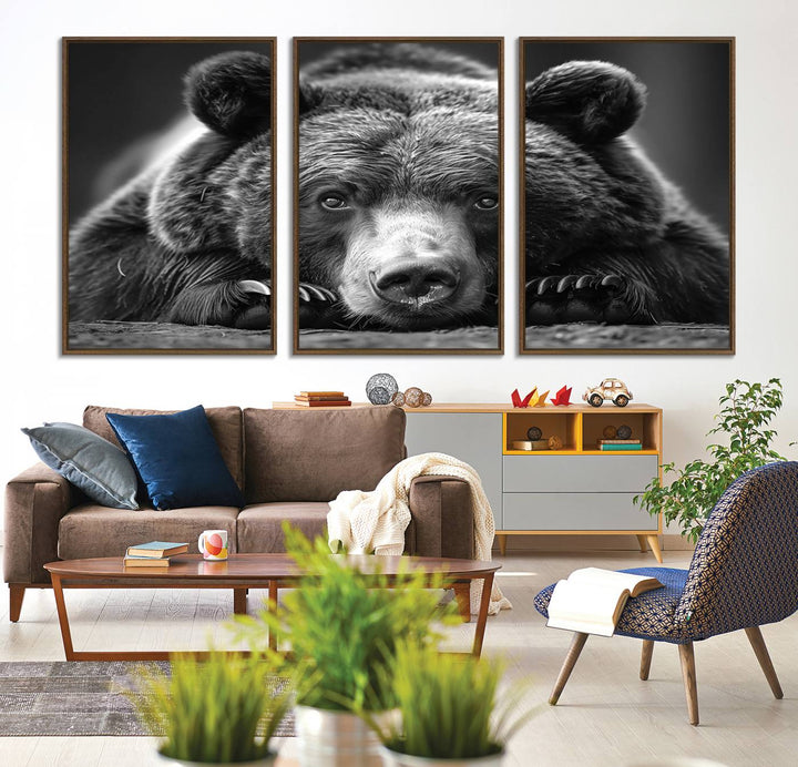 A black and white canvas print titled Resting Grizzly 399 Bear is displayed prominently.