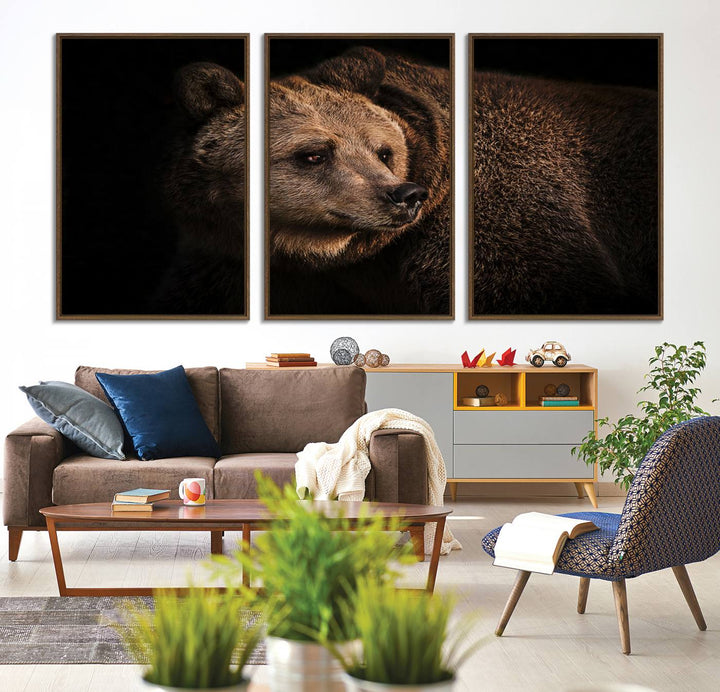 The Wild Grizzly 399 Bear Canvas Wall Art Print enhances modern living rooms with its neutral color palette.