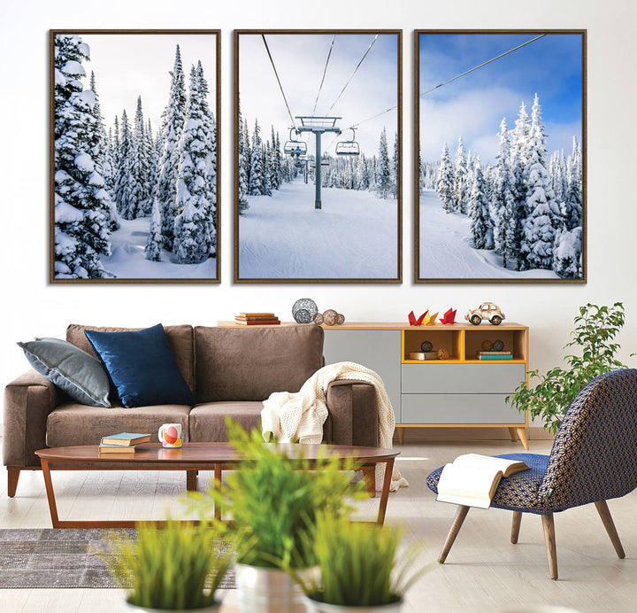 Winter Ski Lift Wall Art Print: Snowy Mountain Adventure, ideal for cabin or farmhouse decor under a clear blue sky.