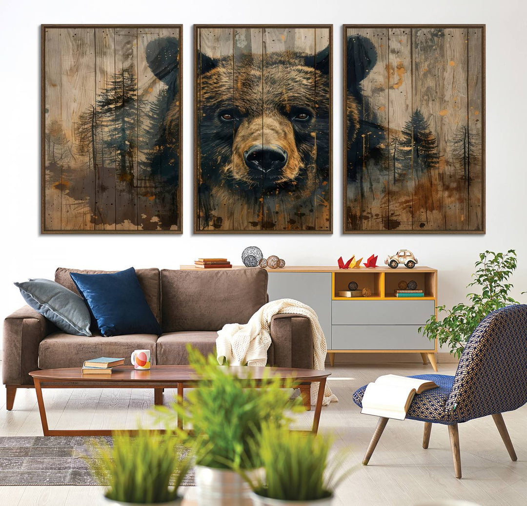 Abstract 399 Bear Wall Art showcases a bears face intertwined with forest trees, ideal for enhancing rustic lodge, cabin, or barn decor.