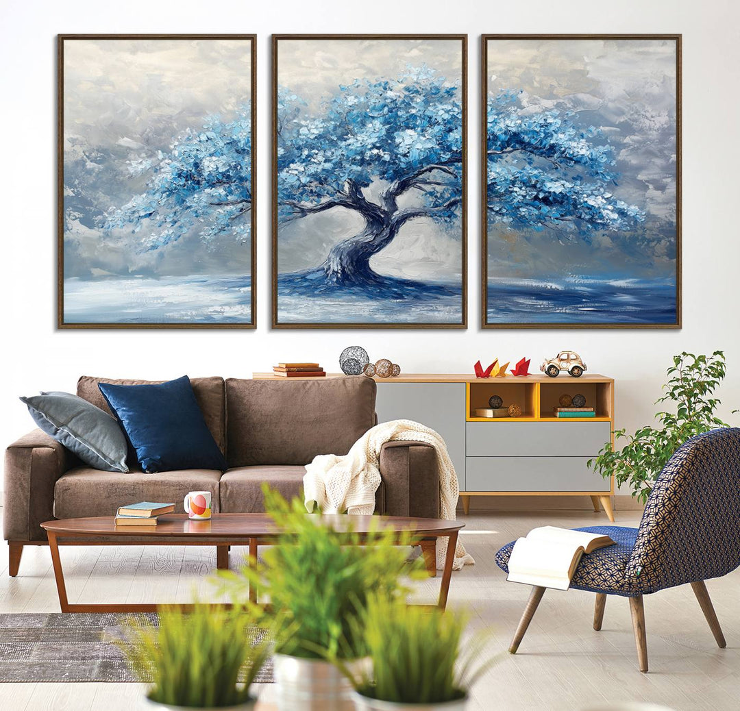 Abstract Blue Tree Art Print featuring textured blues and grays, perfect for farmhouse decor.