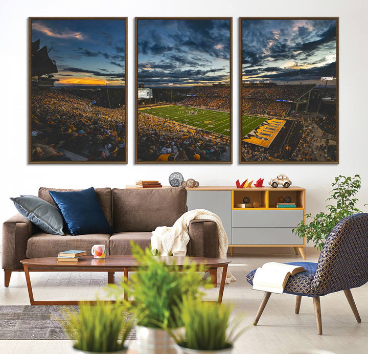 Laramies War Memorial Stadium Print captures a stunning scene of the stadium during sunset, set under a partly cloudy sky illuminated by bright lights.