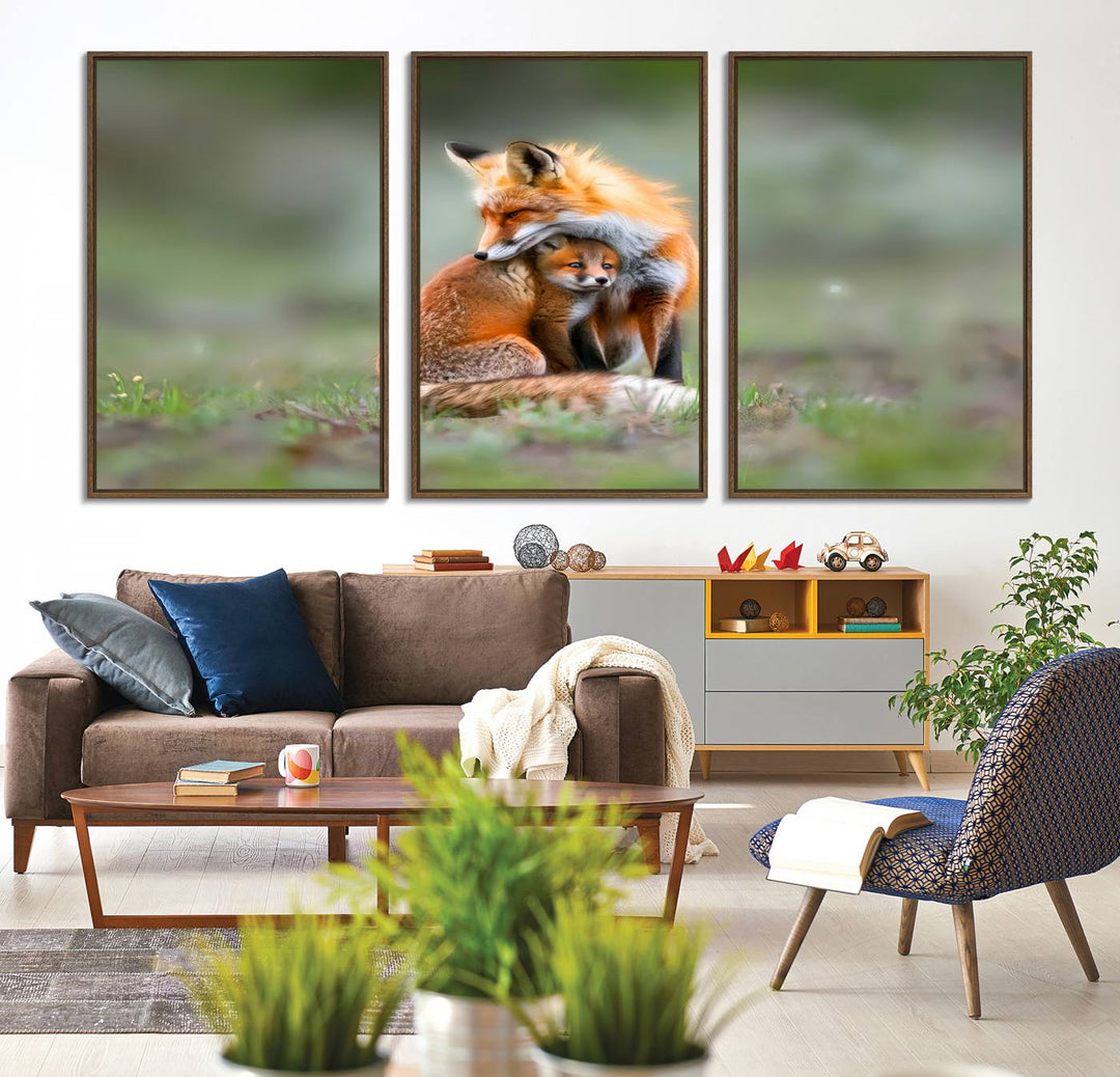 Heartwarming Fox and Baby Cub Wall Art - ready to hang, ideal for animal lovers, rustic decor, and cabin wall art.