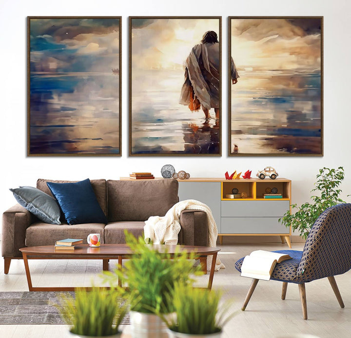 The wall art depicts a robed figure walking on water towards a boat, framed by a stunning sunset. This is showcased in the Jesus Walking on Water Triptych Canvas Print.