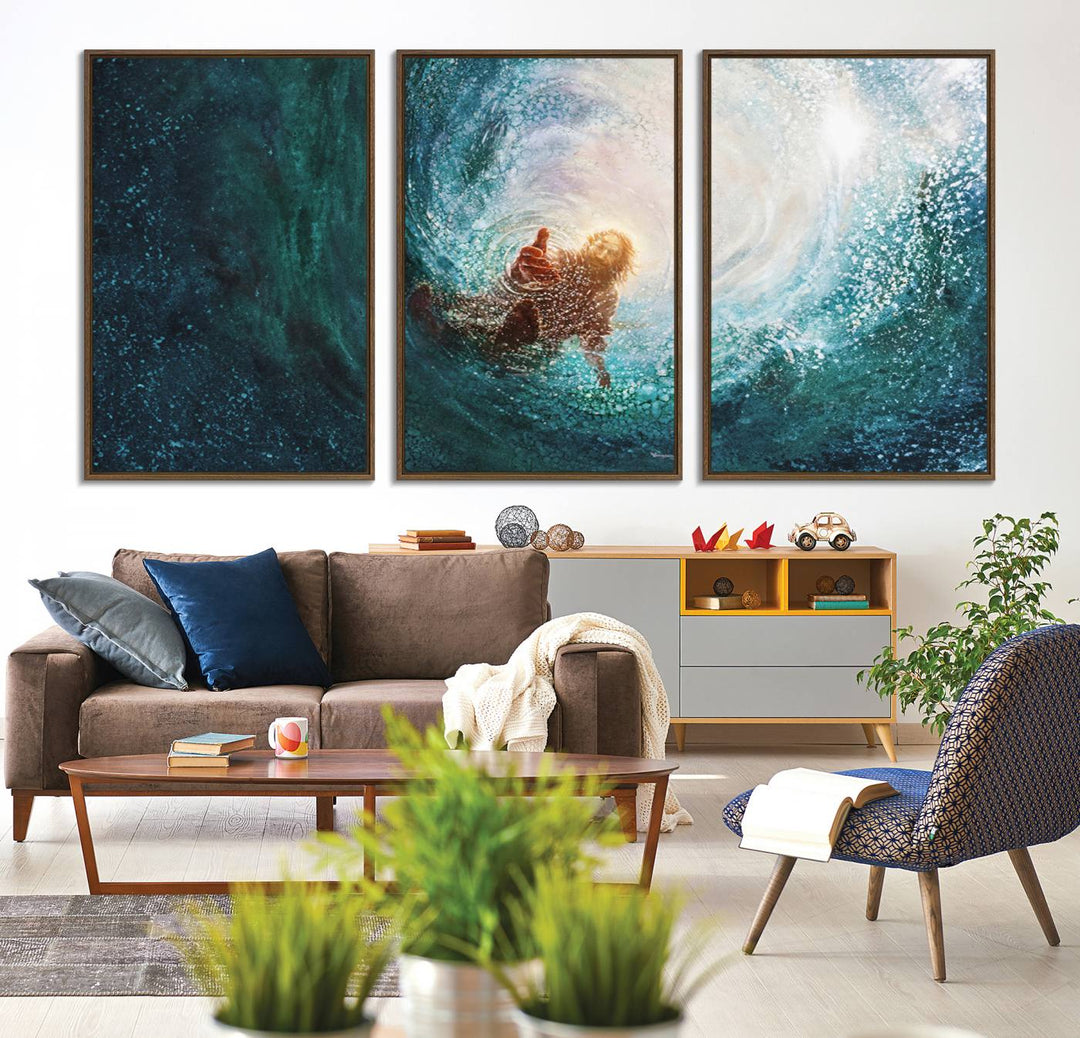 A swimmer heads towards light in an ethereal vortex on the Powerful Jesus Canvas Print - Hand of Salvation, Inspirational Wall Art.