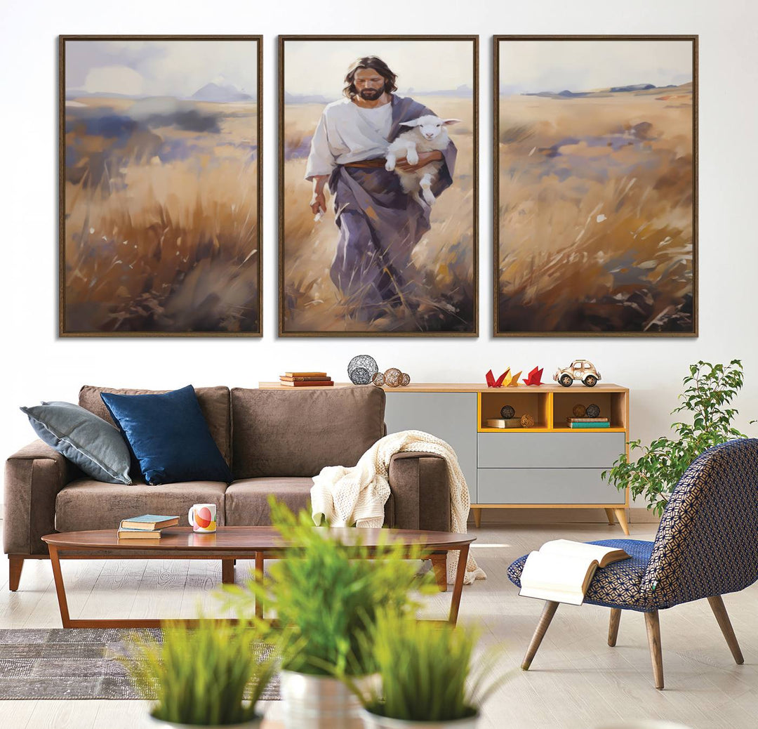 A canvas art piece depicts a bearded man carrying a lamb in a field, reminiscent of Jesus the Good Shepherd, ideal for prayer room decor.