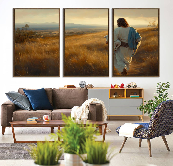 The wall art, titled Jesus the Good Shepherd, depicts a golden field at sunset.