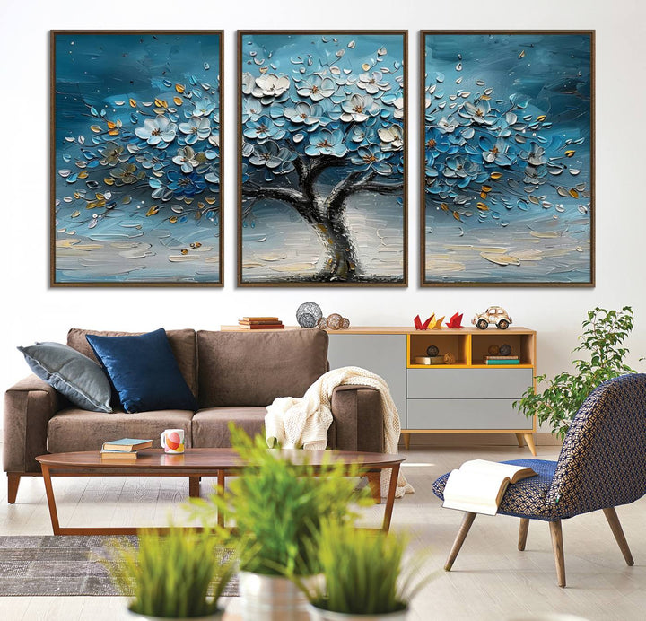 Abstract Blooming Tree Wall Art Print features blue, white, and gold textures on museum-quality canvas, perfect for modern decor.