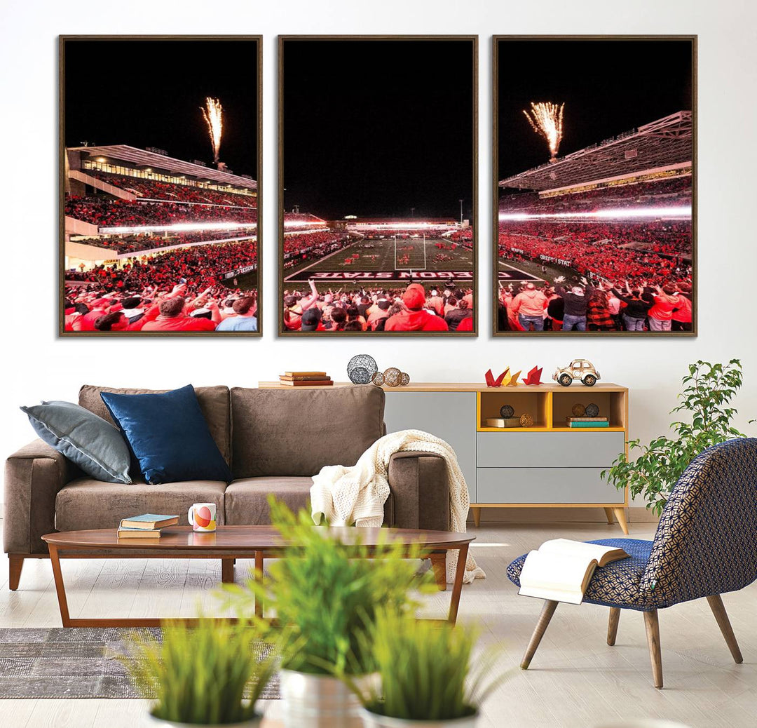 At Corvallis Reser Stadium, vibrant wall art captures the spirit of Oregon State Beavers football against a backdrop of a fireworks-lit night sky.