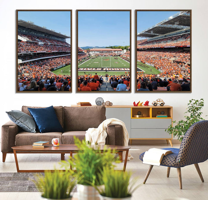 Wide-angle view of Corvallis Reser Stadium with Oregon State field, depicted in Beavers team print canvas art.