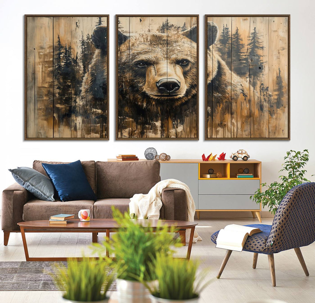 Majestic Grizzly 399 Bear 3-panel rustic canvas print with woodland theme.