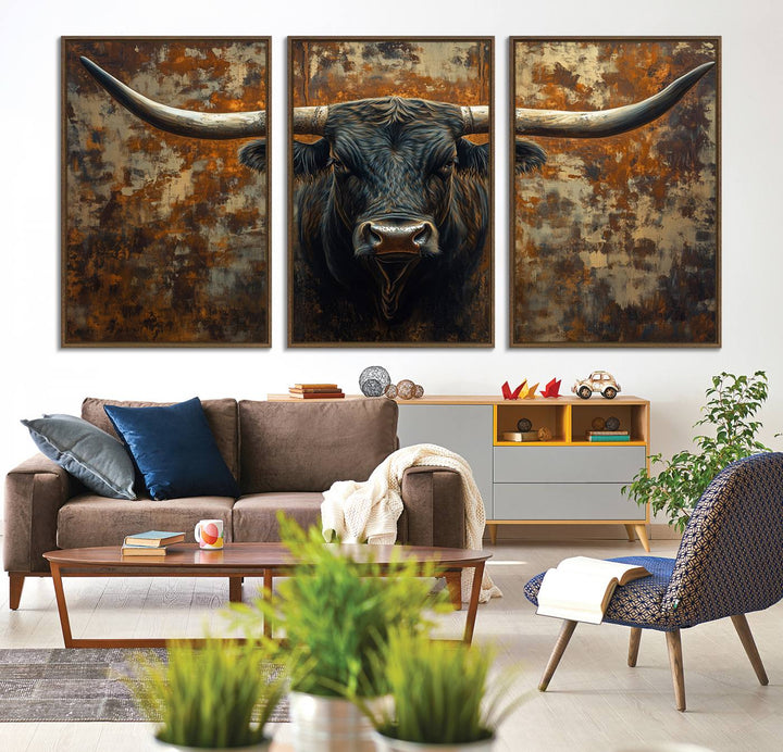 The Longhorn Texas Cow Bull Wall Art canvas print showcases rustic farmhouse decor.