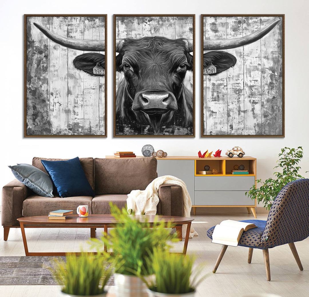 Abstract Longhorn Bull canvas print, featuring rustic Texas-themed wall art on a wooden background, ideal for Western decor.