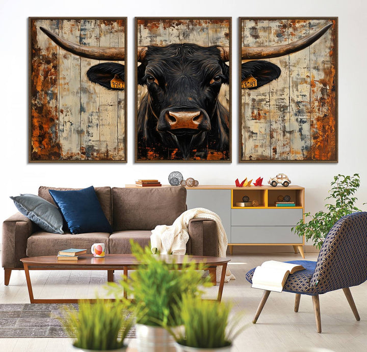 Black bull painting with horns and ear tags, ideal for rustic Texas decor - Abstract Cow Longhorn Bull Canvas Print.