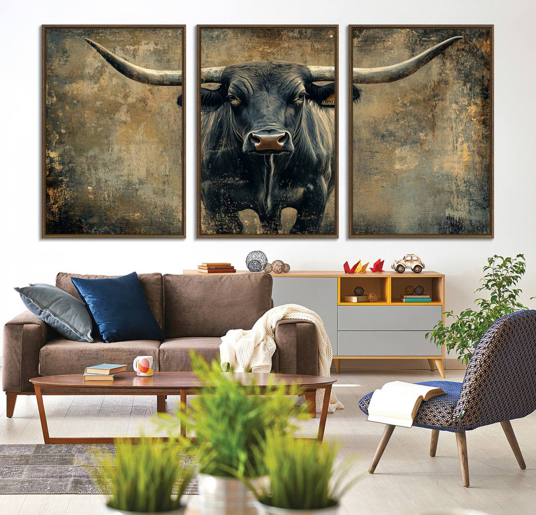 The Longhorn Bull Canvas Print features a bull with prominent horns facing forward, depicted in abstract Texas Western art style.