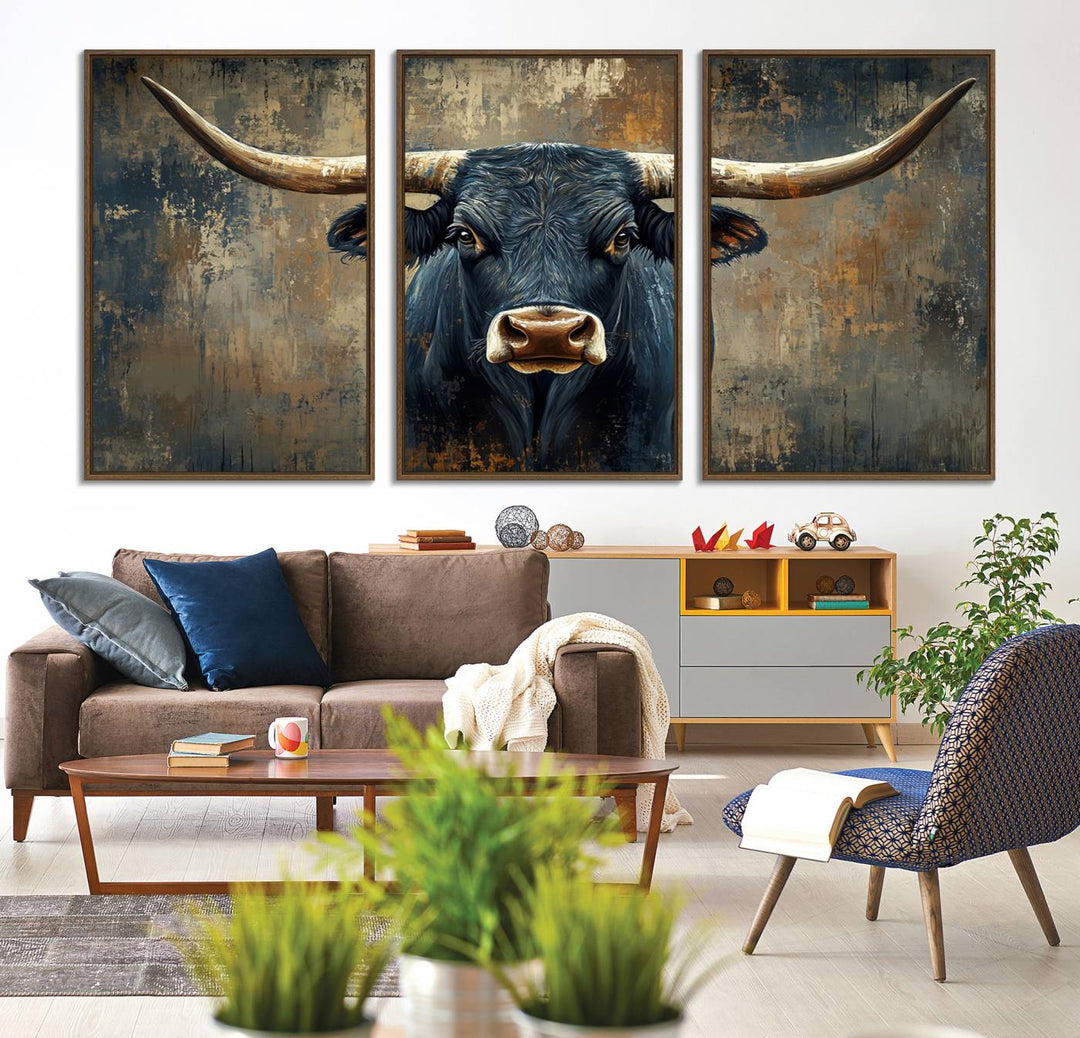 The Texas Western Wall Art Canvas Print showcases a Longhorn Bull set against an abstract brown and gray backdrop, making it perfect for rustic decor.