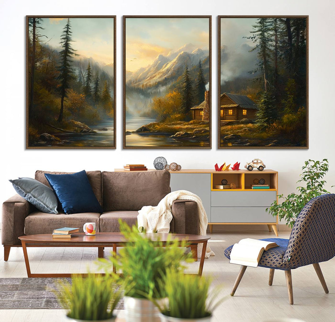 A cozy Wood Cabin Retreat Mountain at Sunset Wall Art features a serene forest and river landscape with smoke rising on a canvas print.