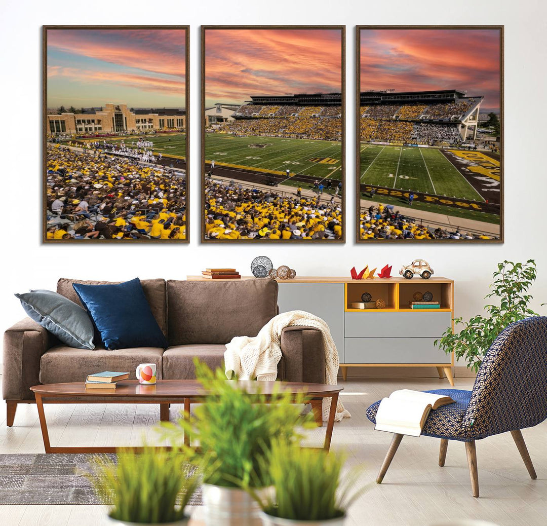 Capture the essence of a packed War Memorial Stadium at sunset with the Cowboys Football Canvas Print, highlighting fans cheering in yellow.