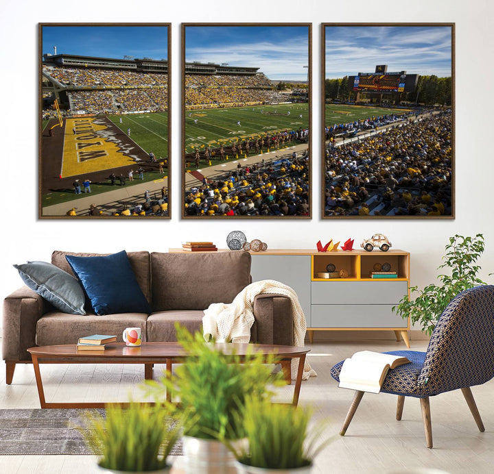 Canvas Wall Art Print: University of Wyoming Cowboys action at Jonah Field War Memorial Stadium under a sunny blue sky.