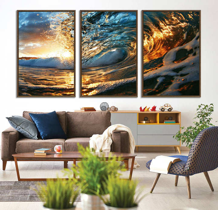 The Ocean Wave at Sunset canvas captures fiery waves with golden and blue hues, making it a perfect addition to nautical-themed decor.