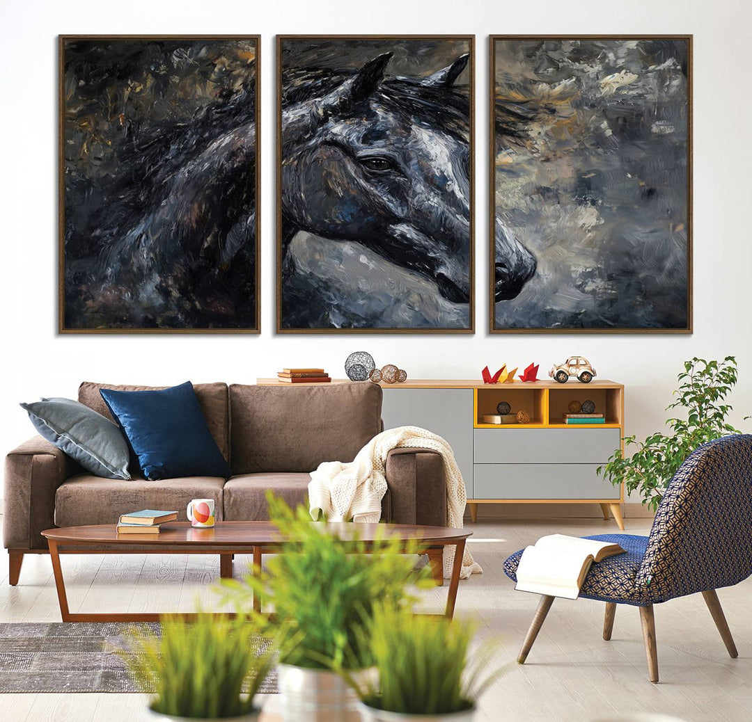 Abstract Horse Wall Art Canvas: A dark horses head and flowing mane set against a textured, muted background.