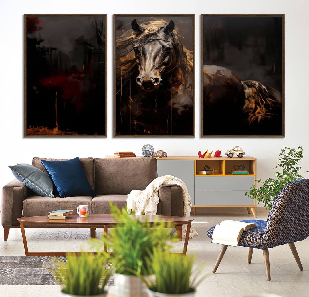 Abstract Black Horse Canvas Print – Featuring an equine spirit with a flowing mane on a dark background, perfect as farmhouse wall art.