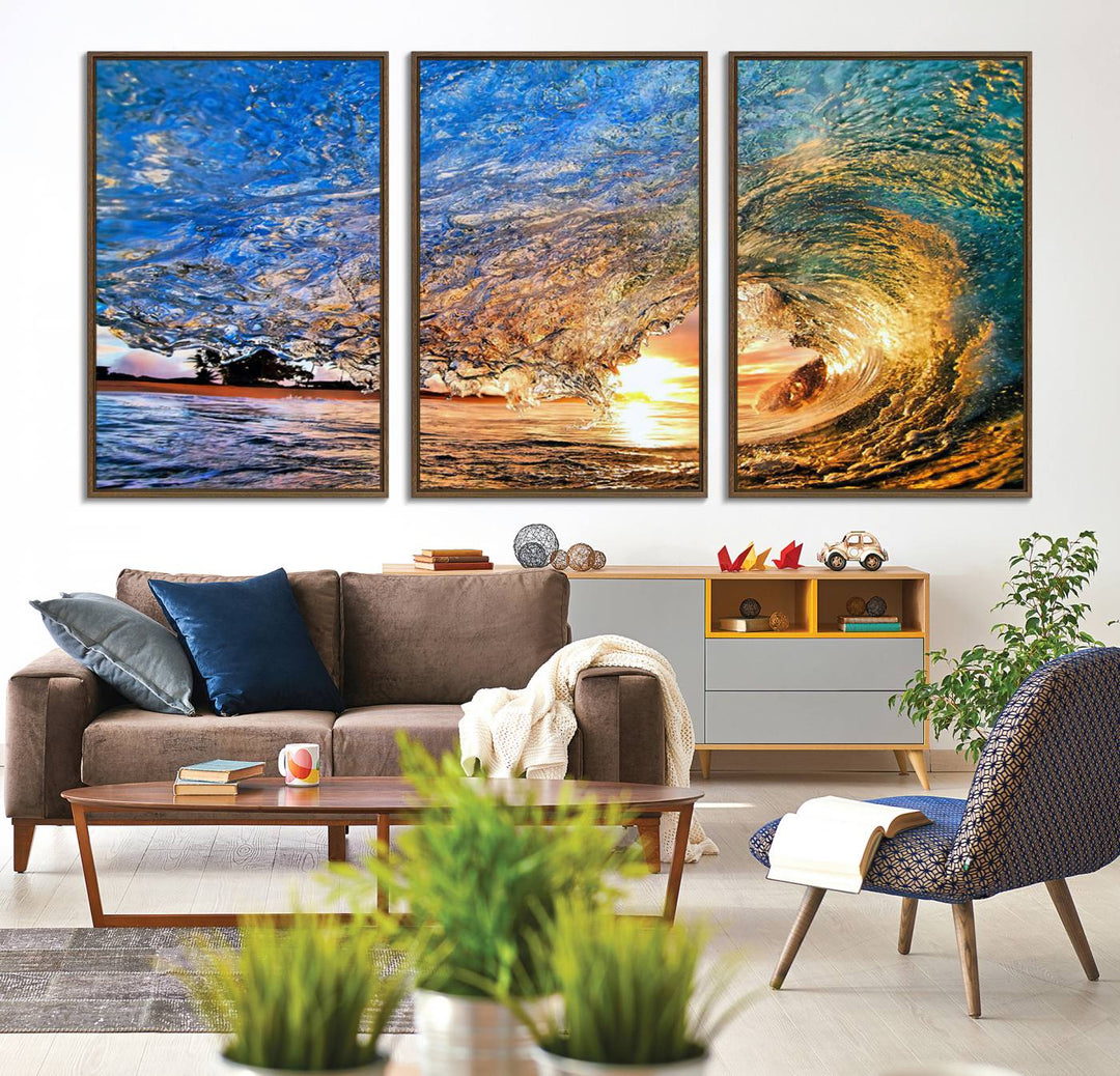 The Ocean Wave at Sunset Canvas Art captures vibrant coastal colors, perfect for nautical decor.